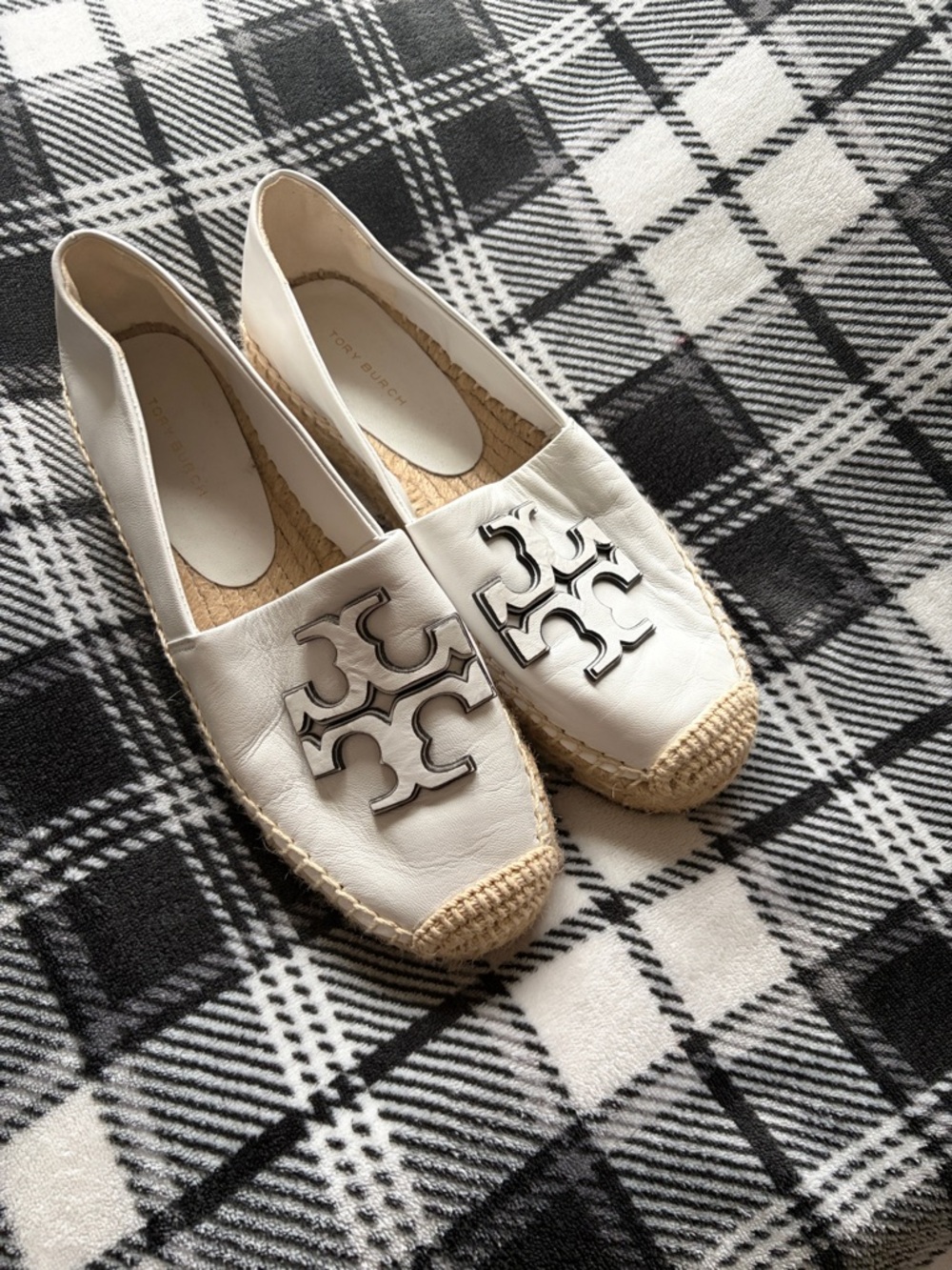 Tory Burch White Leather Espadrille Slip-Ons with Silver Logo